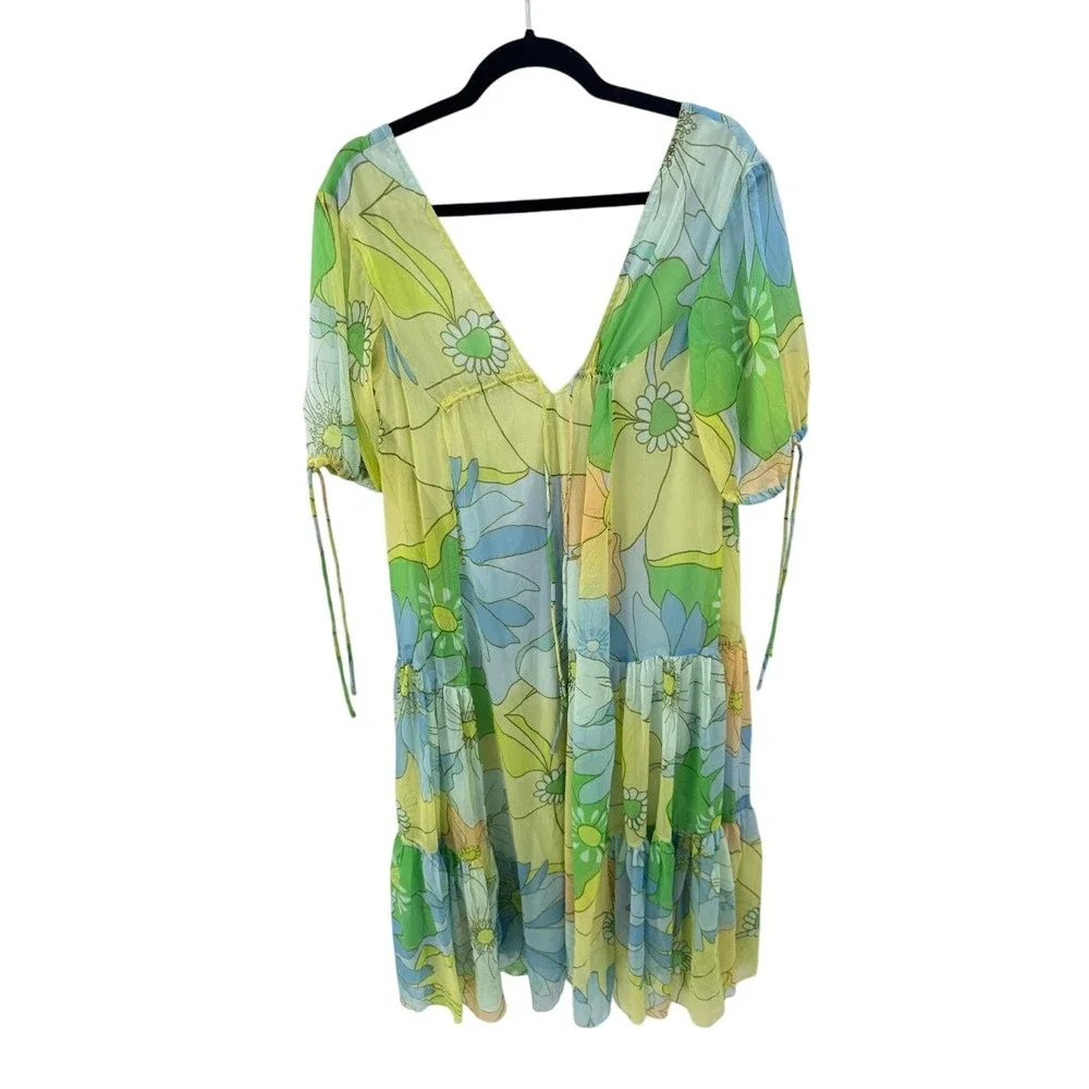 ASOS DESIGN Floral Tiered Mini Dress Green Blue Yellow Retro V-Neck Size 4